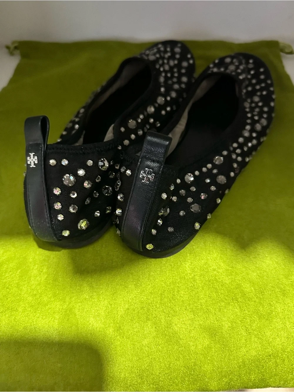 Tory Burch Black Crystal-Studded Ballet Flats